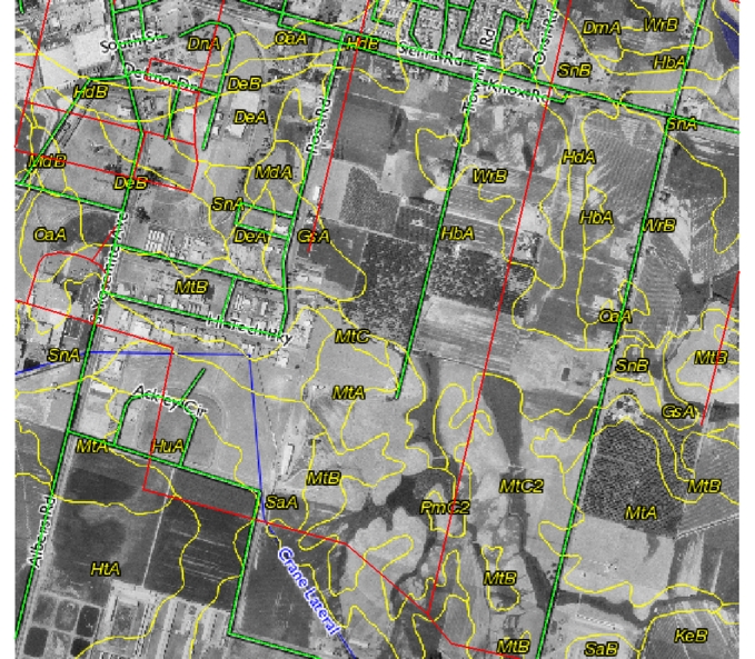 Example of bad Tiger data in Stanislaus County: Red lines are the original road network, green lines are the corrected road network.