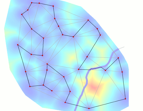 Optimal Route with cost surface: optimal route in black, cost surface colors: blue = low, red = high.