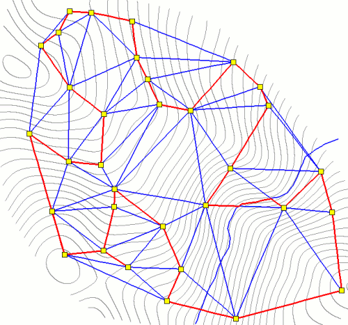 Optimal Route version 2: 10-meter contours in grey, network in blue, optimal cycle between data-loggers (yellow) in red.