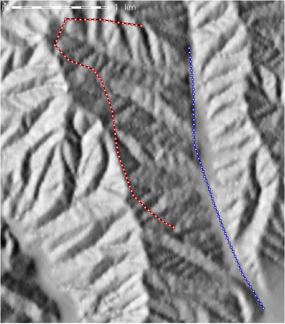 Sample profile creation I: Vector representation of 2 transects performed by an adventurous soil scientist near McCabe Canyon, Pinnacles National Monument.
